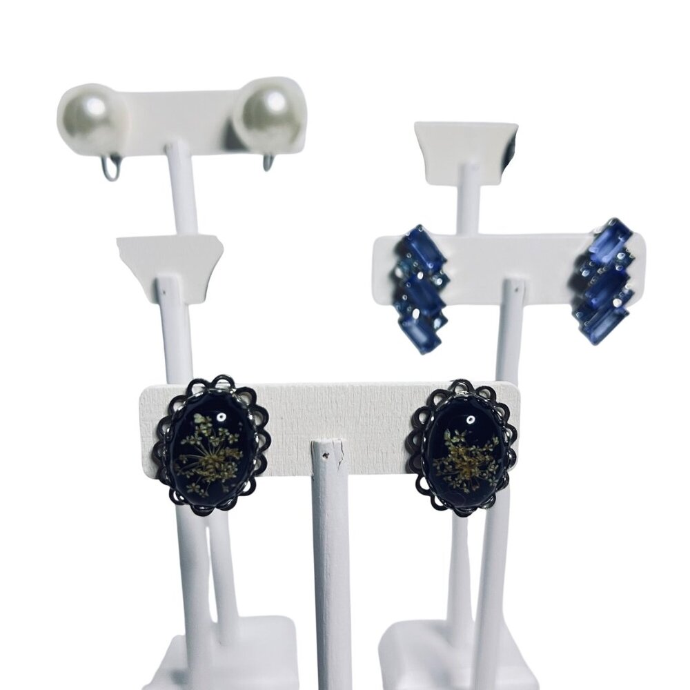 Lot Of 5 Silver Tone Clip On Earrings With Pearl Glass & Floral Designs (6108)